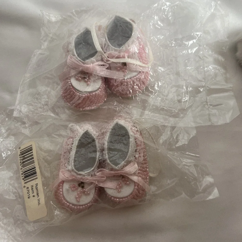 Vintage Pink Beaded Baby Girl Shoes Ornaments 2 Pack Sealed Baby Shower Crafts